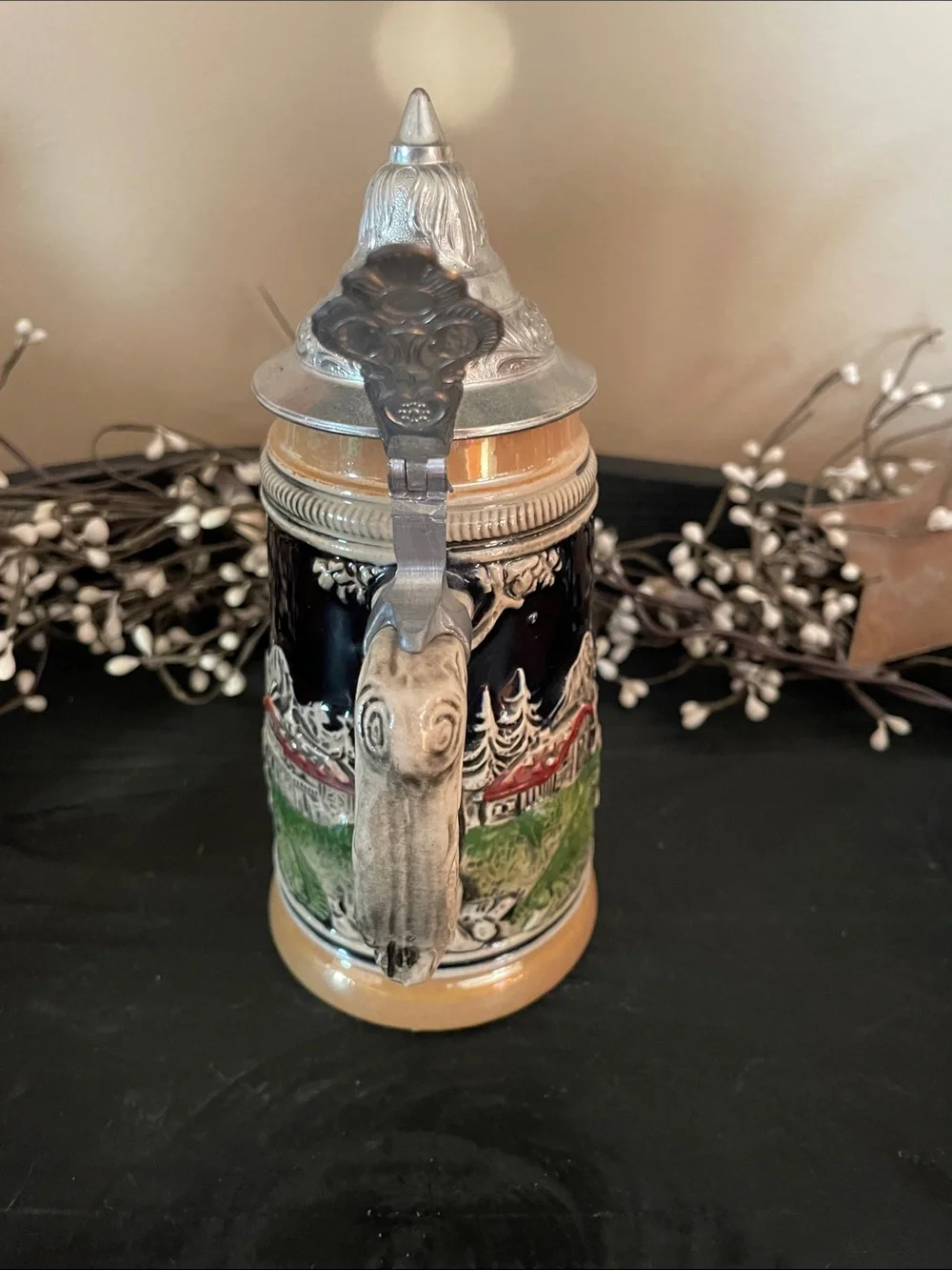 Vintage Baden-Baden Stoneware Souvenir Stein Featuring the Trinkhalle Structure.